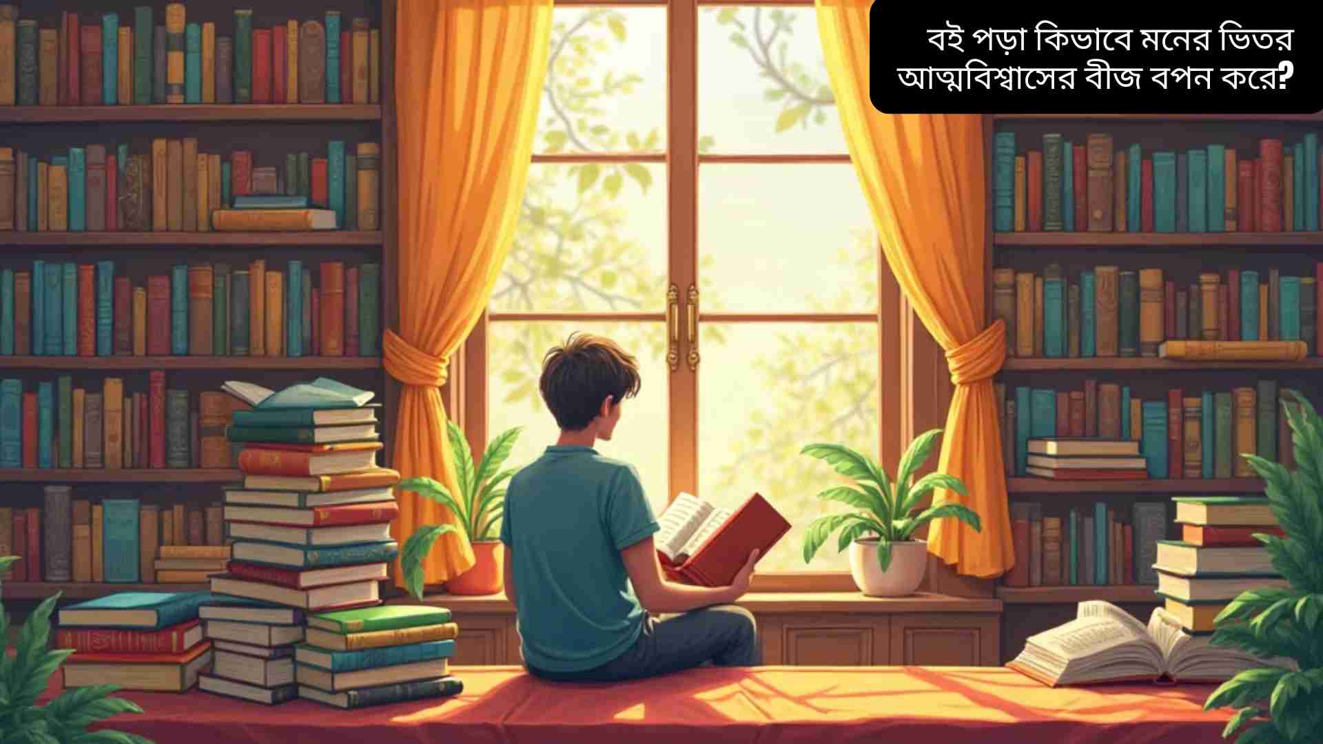 একটি শিশু উইন্ডোর পাশে বসে রঙিন বইয়ের মধ্যে আবদ্ধ, বই পড়ছে, কল্পনা ও জ্ঞান বৃদ্ধি হচ্ছে, উষ্ণ এবং আনন্দময় পরিবেশ।
