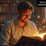 একটি শিশু ও প্রাপ্তবয়স্ক ব্যক্তি বই পড়ছে, চারপাশে রঙিন বইয়ের তাক, উজ্জ্বল ও উষ্ণ পরিবেশ, শিশু হাসছে ও মনোযোগ দিয়ে পড়ছে, আত্মবিশ্বাস ও অনুপ্রেরণার প্রকাশ।