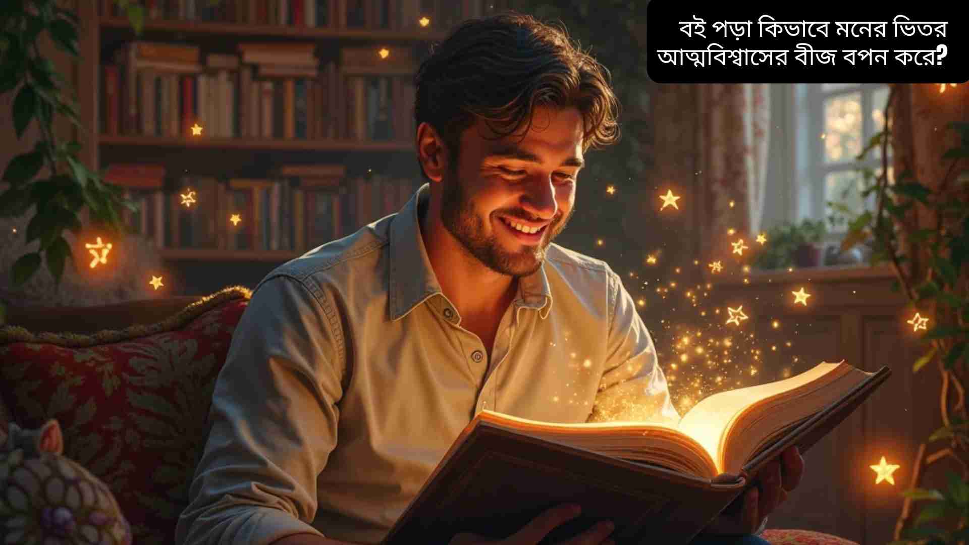 একটি শিশু ও প্রাপ্তবয়স্ক ব্যক্তি বই পড়ছে, চারপাশে রঙিন বইয়ের তাক, উজ্জ্বল ও উষ্ণ পরিবেশ, শিশু হাসছে ও মনোযোগ দিয়ে পড়ছে, আত্মবিশ্বাস ও অনুপ্রেরণার প্রকাশ।