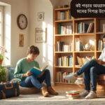 “একটি শান্ত ও আরামদায়ক পড়ার কোণে শিশুরা রঙিন বই নিয়ে বসে আছে, এবং বড়রা চেয়ার বা সোফায় বই পড়ছে। মনের দিগন্ত উন্মোচন ও শেখার আনন্দ প্রকাশ করা হয়েছে।”