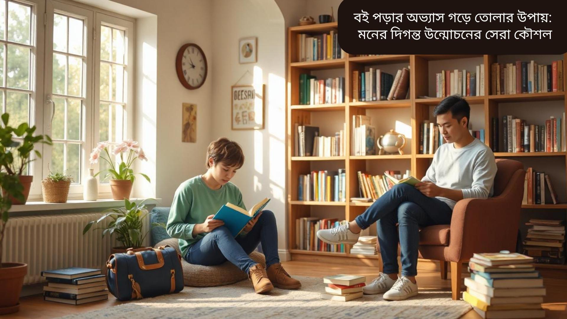 “একটি শান্ত ও আরামদায়ক পড়ার কোণে শিশুরা রঙিন বই নিয়ে বসে আছে, এবং বড়রা চেয়ার বা সোফায় বই পড়ছে। মনের দিগন্ত উন্মোচন ও শেখার আনন্দ প্রকাশ করা হয়েছে।”