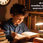 "একটি শিশু আরামদায়ক পড়ার কোণে বই পড়ছে, চারপাশে বইয়ের স্তূপ, উষ্ণ আলোতে, যা মনের বিকাশ, সময় ব্যবস্থাপনা এবং পড়ার উপকারিতা প্রকাশ করছে।"