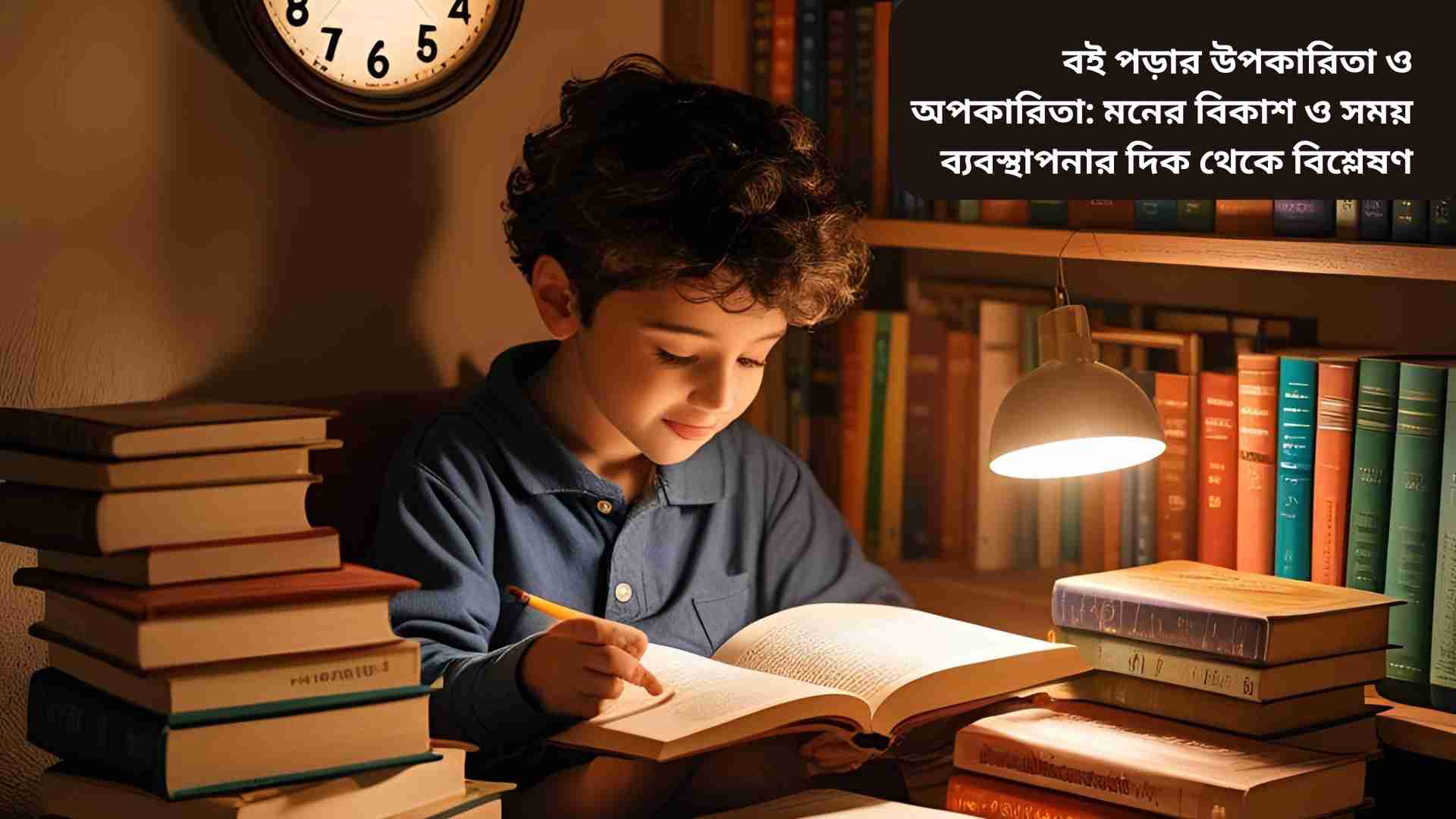 "একটি শিশু আরামদায়ক পড়ার কোণে বই পড়ছে, চারপাশে বইয়ের স্তূপ, উষ্ণ আলোতে, যা মনের বিকাশ, সময় ব্যবস্থাপনা এবং পড়ার উপকারিতা প্রকাশ করছে।"