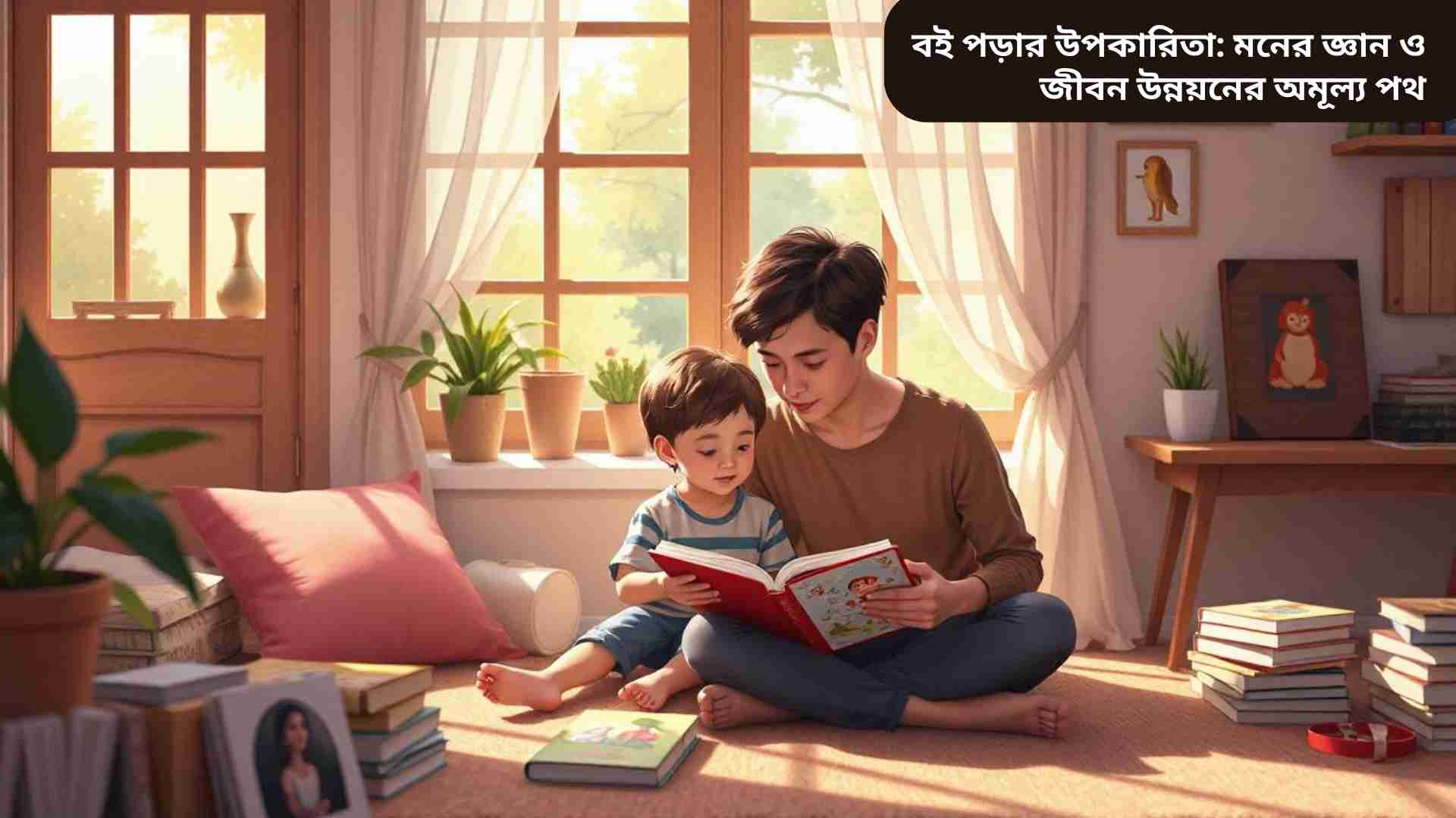 একটি শিশু ও একটি বড় ব্যক্তি বই পড়ছে, মনের জ্ঞান, সৃজনশীলতা ও জীবন উন্নয়নের জন্য উজ্জ্বল পরিবেশে