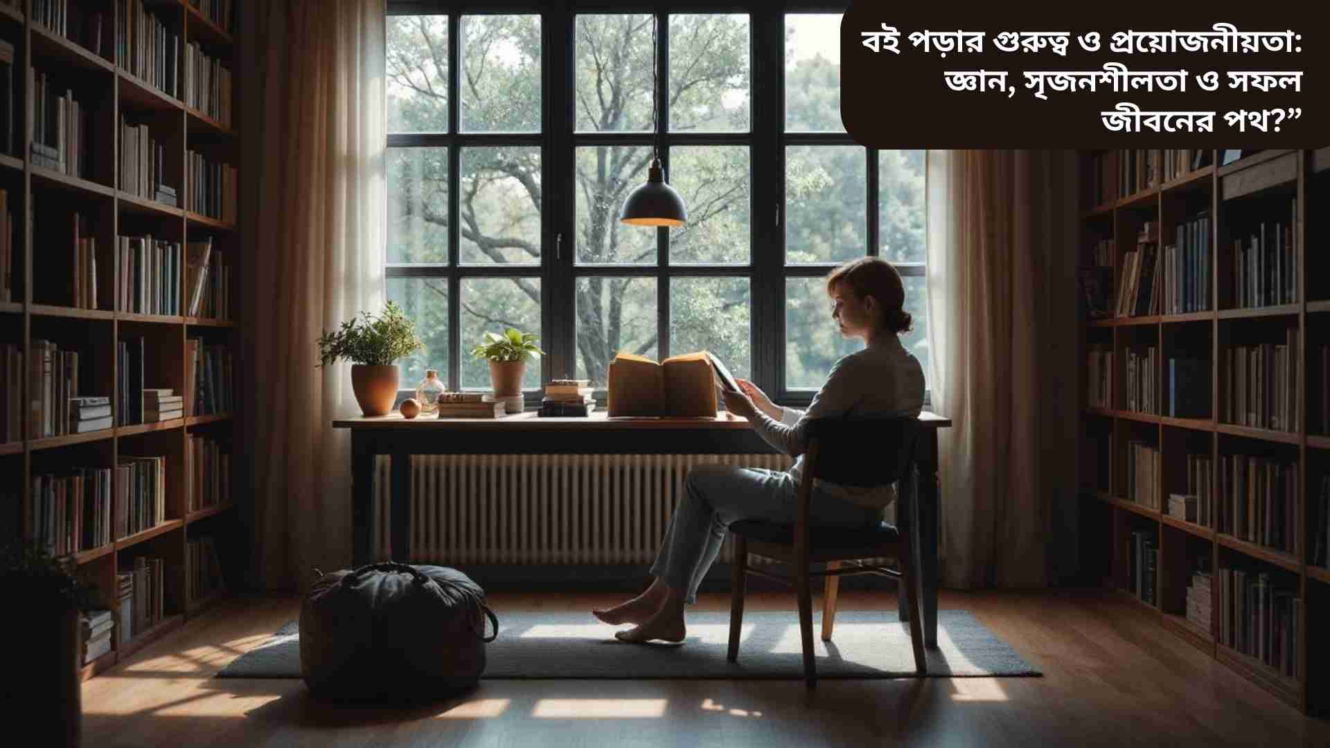“একটি সুন্দর ঘরে বসে বই পড়ছে একজন ব্যক্তি, চারপাশে শান্তিপূর্ণ পরিবেশ এবং শিক্ষার উৎসাহ।”
