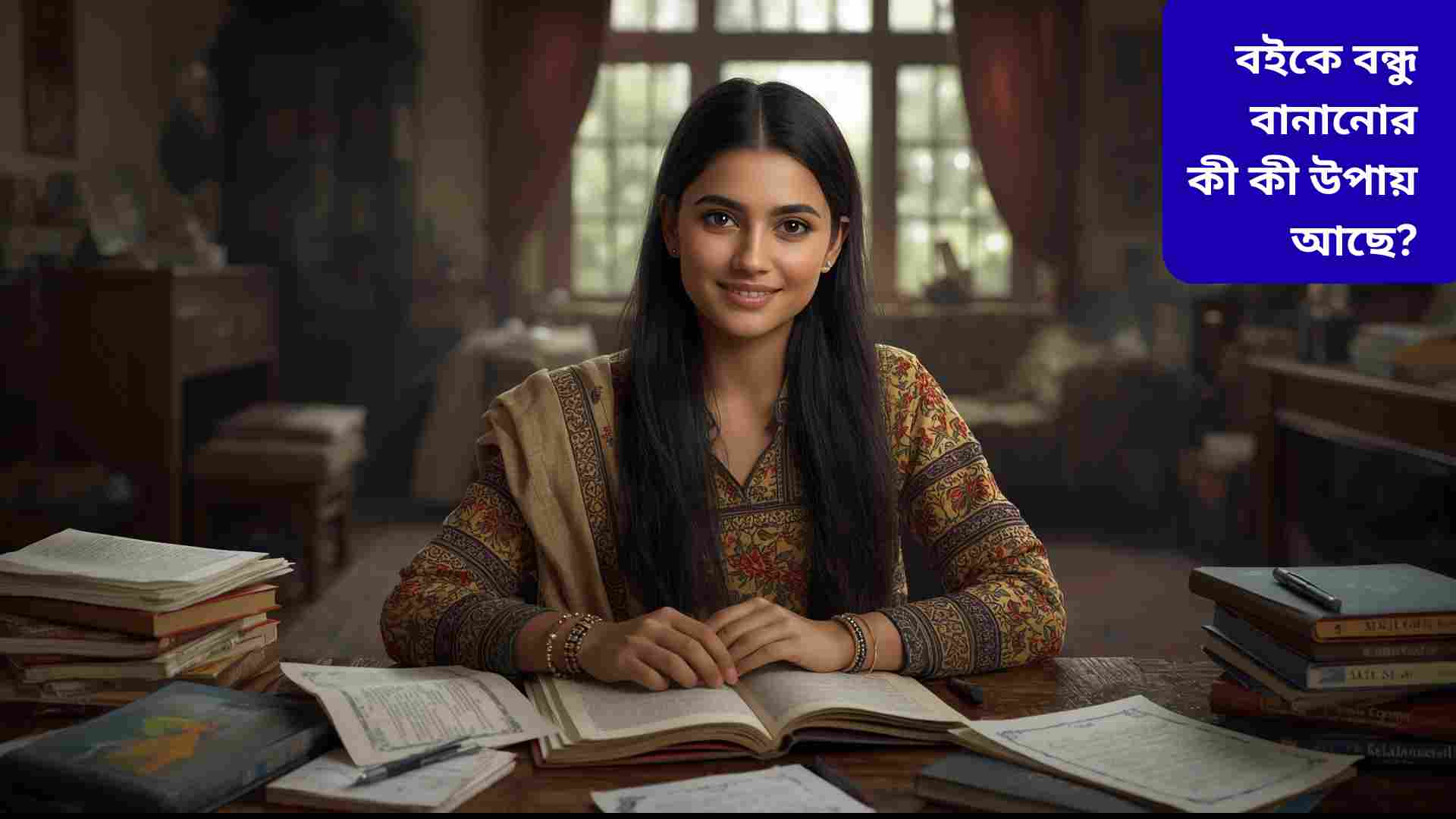 একটি শিশু শান্ত পরিবেশে বই পড়ছে, চারপাশে রঙিন বই ছড়ানো এবং মুখে আনন্দের অভিব্যক্তি, যা বইয়ের সাথে বন্ধুত্বের গুরুত্ব বোঝায়।