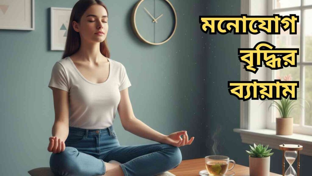 একজন ছাত্র ধ্যান এবং প্রানায়াম করছেন, পাশে মস্তিষ্ক প্রশিক্ষণের জন্য খেলনা ও পাজল, মনোযোগ বৃদ্ধি এবং মনোসংযোগের পরিবেশ।