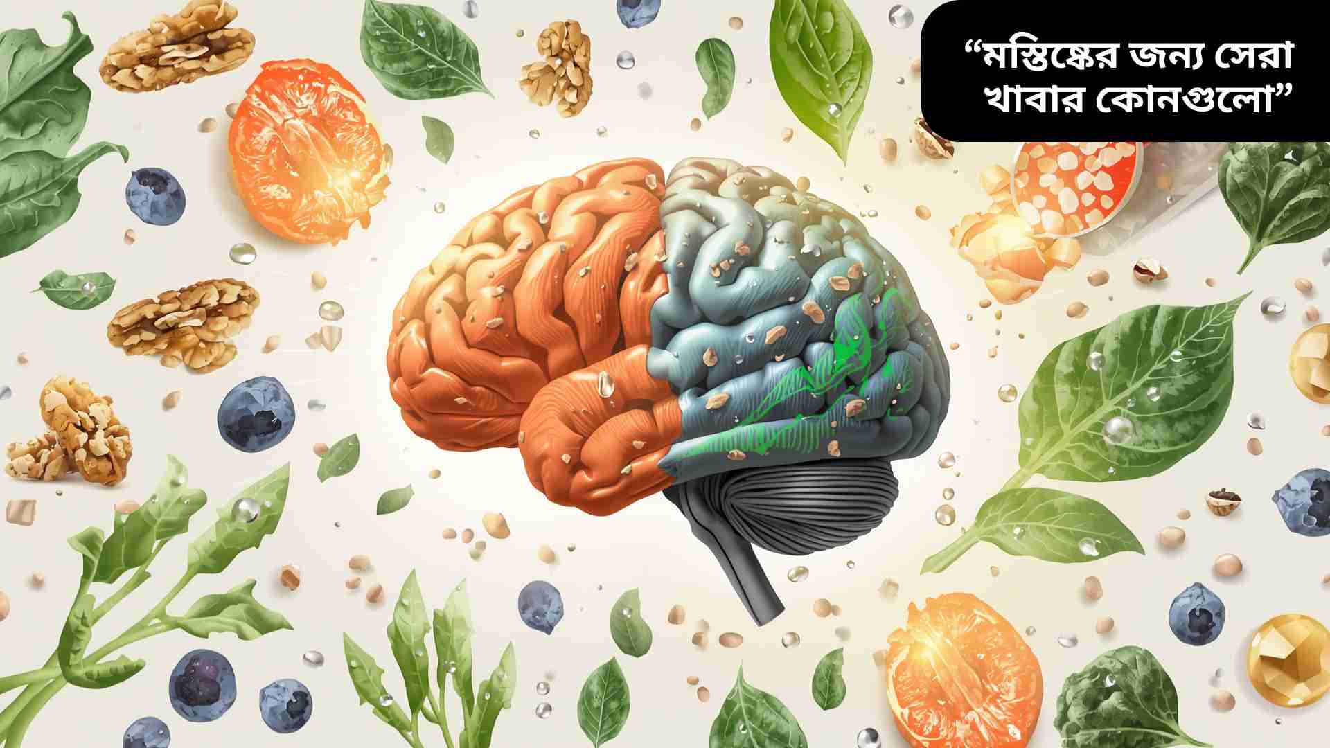 মস্তিষ্কের জন্য সেরা খাবার যেমন ওমেগা-৩ সমৃদ্ধ মাছ, বাদাম, শাক-সবজি ও ফলমূল দিয়ে ঘেরা একটি মানব মস্তিষ্কের আকৃতির ছবি, যা মস্তিষ্কের স্বাস্থ্য ও শক্তি প্রদর্শন করে।
