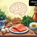 "মস্তিষ্কের স্বাস্থ্য বৃদ্ধির জন্য ১০টি সুপারফুড যেমন ব্লু বেরি, সামুদ্রিক মাছ, আখরোট, শাক-সবজি, ডিম, এভোকাডো, দারুচিনি, গ্রীন টি, জলপাই তেল এবং ডার্ক চকলেট সুন্দরভাবে সাজানো।"