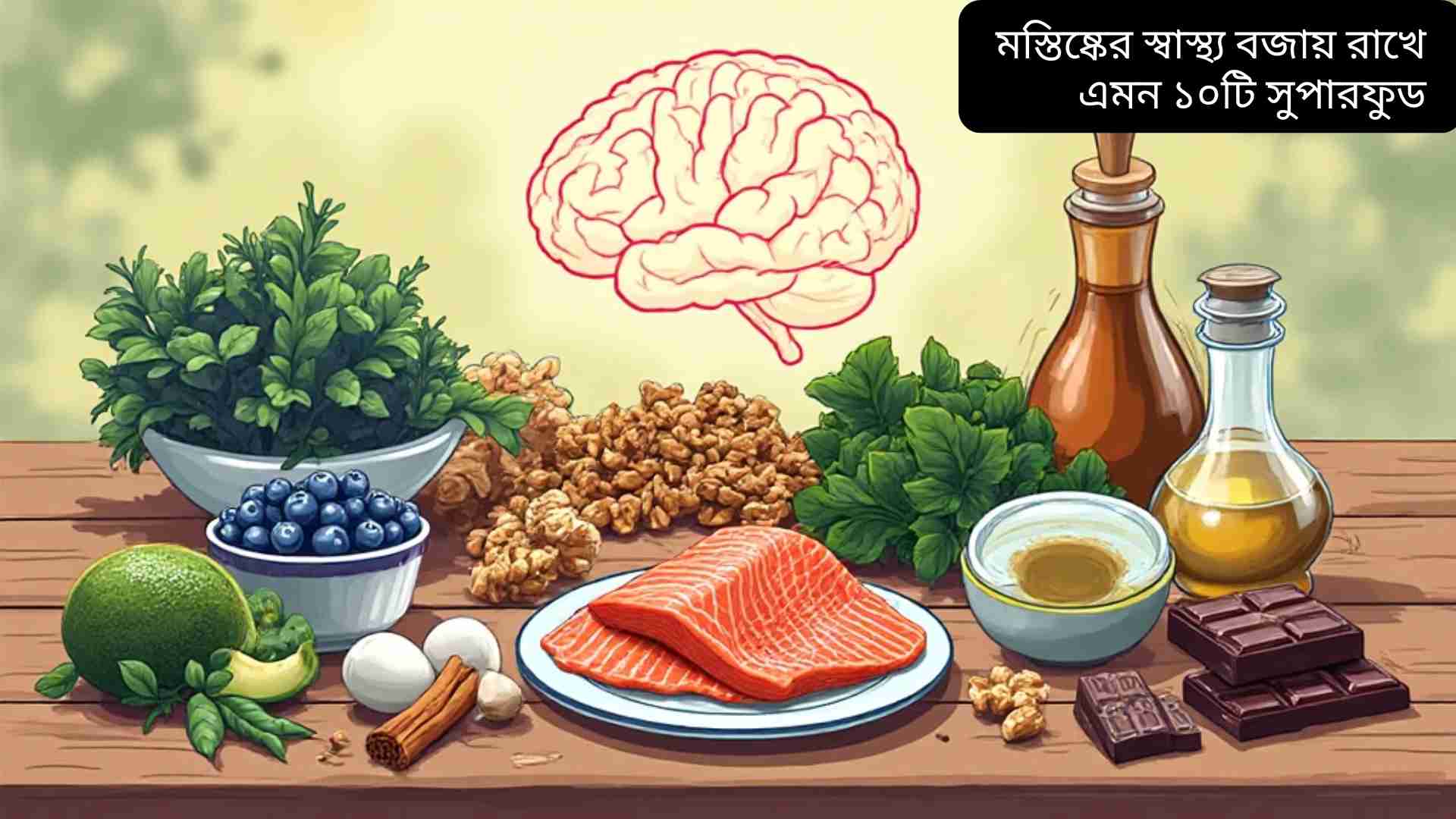 "মস্তিষ্কের স্বাস্থ্য বৃদ্ধির জন্য ১০টি সুপারফুড যেমন ব্লু বেরি, সামুদ্রিক মাছ, আখরোট, শাক-সবজি, ডিম, এভোকাডো, দারুচিনি, গ্রীন টি, জলপাই তেল এবং ডার্ক চকলেট সুন্দরভাবে সাজানো।"