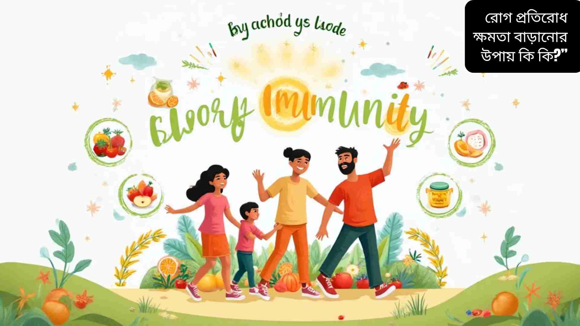 "রোগ প্রতিরোধ ক্ষমতা বাড়ানোর জন্য স্বাস্থ্যকর জীবনধারার ধারণা: তাজা ফল ও সবজি খাওয়া, নিয়মিত ব্যায়াম, ধ্যান, পর্যাপ্ত ঘুম এবং মানসিক সুস্থতা বজায় রাখা।"