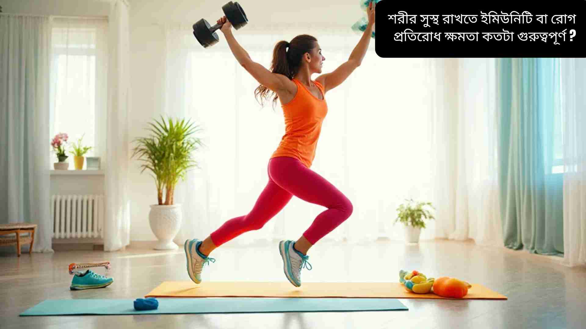 "একজন সুস্থ ব্যক্তি বাইরে ব্যায়াম করছে, পুষ্টিকর খাবার খাচ্ছে এবং সুস্থ থাকার অভ্যাস অনুসরণ করছে, যার ফলে ইমিউনিটি বাড়ছে এবং রোগ প্রতিরোধ ক্ষমতা শক্তিশালী হচ্ছে।"