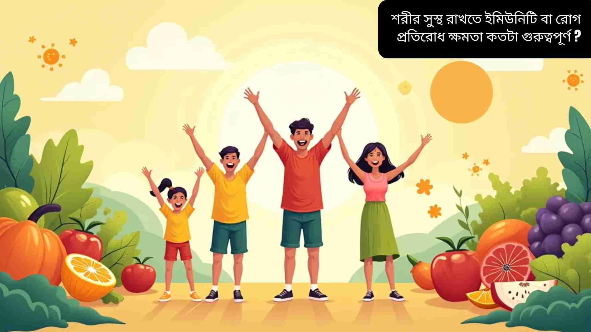 "সুখী পরিবার, স্বাস্থ্যকর খাবার, ব্যায়াম এবং সূর্যালোকের মাঝে শক্তিশালী ইমিউনিটি প্রদর্শন করছে, যা রোগ প্রতিরোধ ক্ষমতা বাড়াতে সাহায্য করে।"