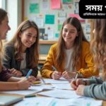 একটি শিশু তার ডেস্কে বসে হাতে পেন ধরে দিনের সূচি লিখছে। চারপাশে বই, ঘড়ি এবং ক্যালেন্ডার দেখা যাচ্ছে। ছবি সময় পরিকল্পনার গুরুত্ব এবং ফলপ্রসূ দিনের ধারণা তুলে ধরে।