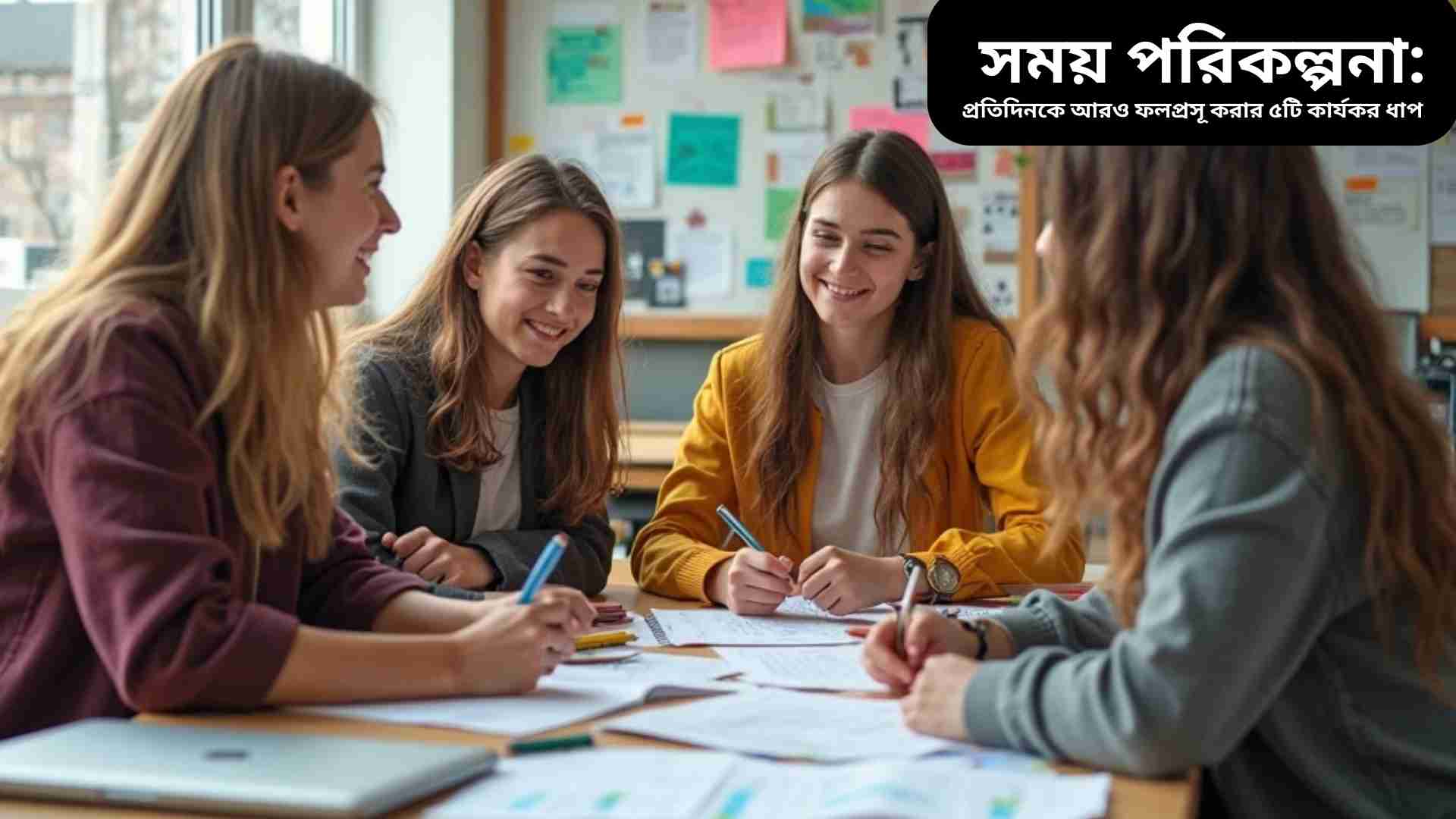একটি শিশু তার ডেস্কে বসে হাতে পেন ধরে দিনের সূচি লিখছে। চারপাশে বই, ঘড়ি এবং ক্যালেন্ডার দেখা যাচ্ছে। ছবি সময় পরিকল্পনার গুরুত্ব এবং ফলপ্রসূ দিনের ধারণা তুলে ধরে।