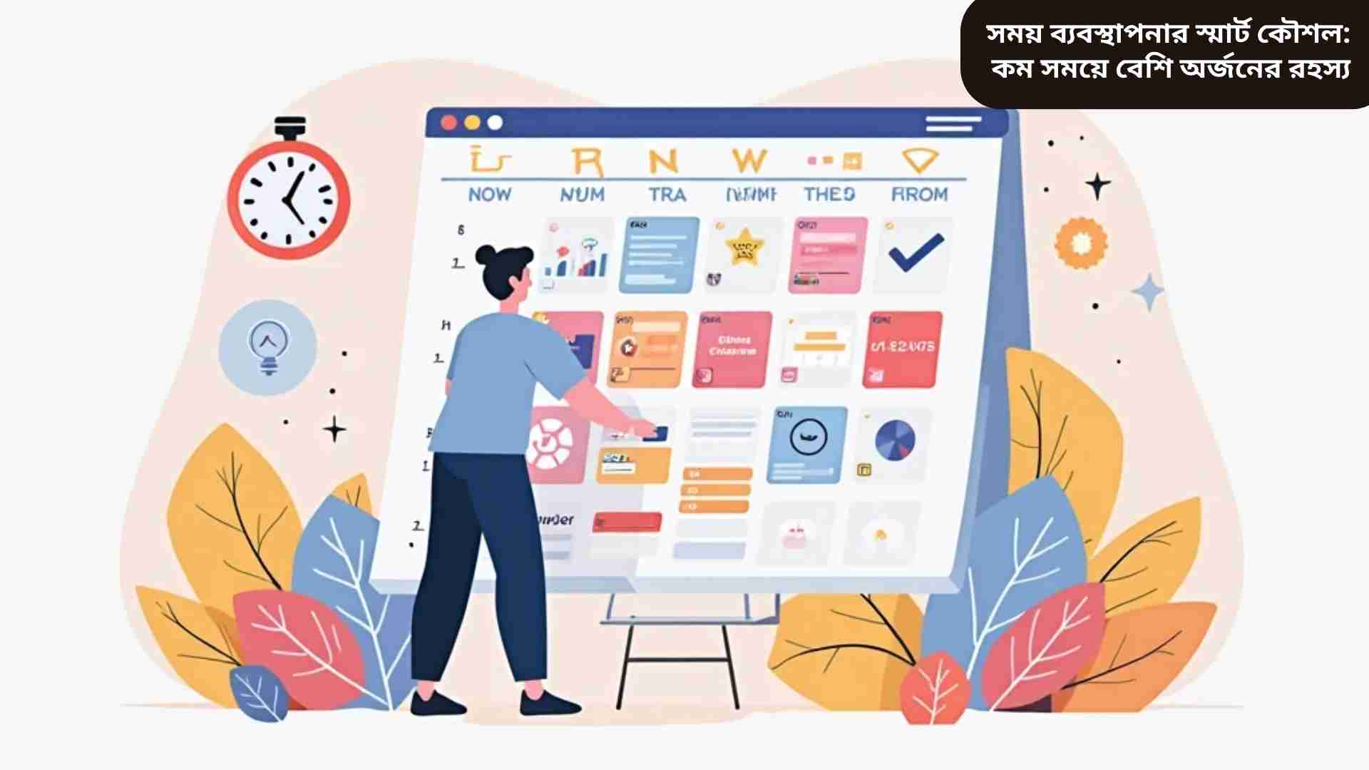 সময় ব্যবস্থাপনার স্মার্ট কৌশল – একজন ব্যক্তি রঙিন ক্যালেন্ডার ও ঘড়ি ব্যবহার করে দিনের কাজ পরিকল্পনা করছেন, কম সময়ে বেশি অর্জনের উদ্দেশ্যে ফোকাস করছে।