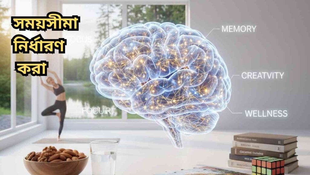 মানব মস্তিষ্কের বাস্তব চিত্র, যা সক্রিয় স্নায়ু সংযোগ প্রদর্শন করছে এবং চারপাশে মানসিক ও শারীরিক স্বাস্থ্য সম্পর্কিত উপাদান যেমন ধ্যান, ব্যায়াম, পাজল, বই এবং স্বাস্থ্যকর খাবার।