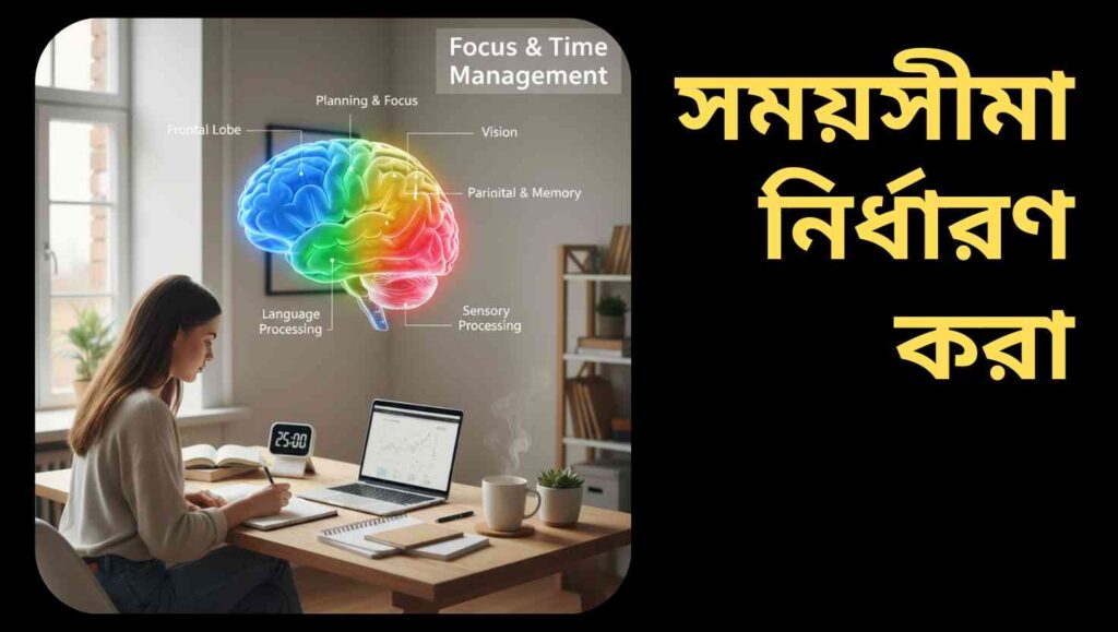 "মানব মস্তিষ্কের গঠন এবং ফাংশন দেখানো হয়েছে, যেখানে ছাত্র একটি ডেস্কে টাইমার ব্যবহার করে পড়াশোনা করছে।"