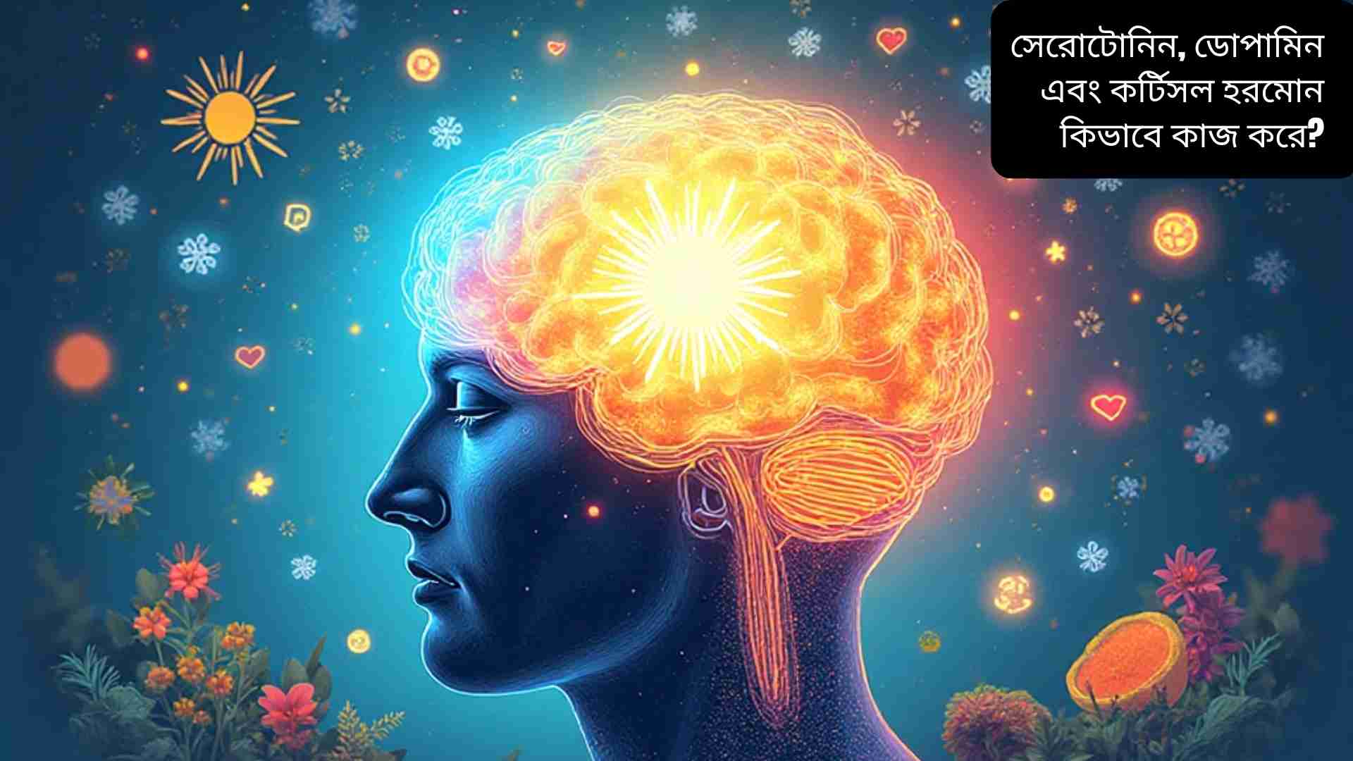 “সেরোটোনিন, ডোপামিন এবং কর্টিসল হরমোনের কাজ বোঝাতে মানুষের মস্তিষ্ক ও শরীরের উপর প্রভাবের একটি রঙিন ইলাস্ট্রেশন যেখানে সুখ, প্রেরণা ও স্ট্রেসের প্রতীক ব্যবহার করা হয়েছে।”