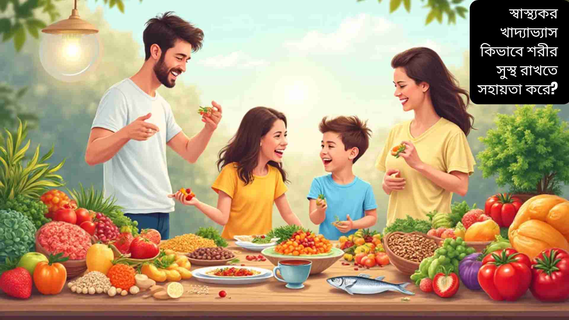 একটি স্বাস্থ্যকর খাবারের টেবিল, যেখানে শাক-সবজি, ফল, বাদাম, মাছ এবং দুধের পাত্র রাখা আছে। মানুষ বা পরিবার আনন্দের সঙ্গে খাবার খাচ্ছে, সুস্থতা, শক্তি এবং রোগ প্রতিরোধ ক্ষমতার প্রতীক হিসেবে।