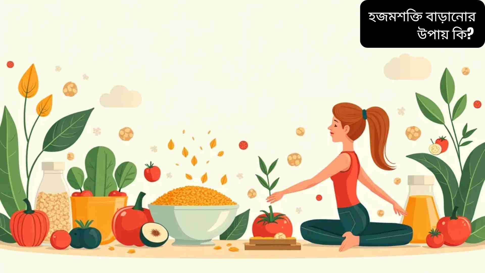 “হজমশক্তি বাড়ানোর জন্য স্বাস্থ্যকর খাবার, প্রোবায়োটিক খাবার, শারীরিক ব্যায়াম ও ধ্যানের চিত্র সহ ব্লগ ফিচার্ড ইমেজ”