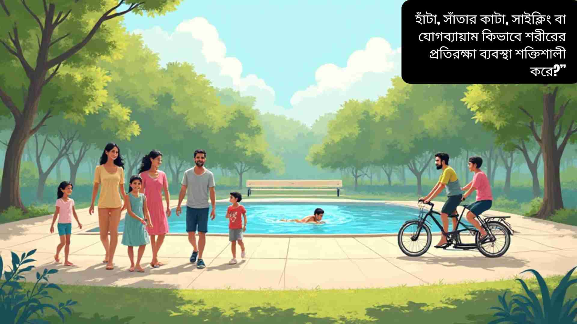 "শরীরের প্রতিরক্ষা শক্তি বাড়াতে এবং সুস্থ থাকতে মানুষ হাঁটছে, সাঁতার কেটে, সাইক্লিং করছে এবং যোগব্যায়াম করছে, সব বয়সের জন্য শারীরিক কার্যক্রমের দৃশ্য।"