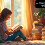 একটি আরামদায়ক পড়ার কর্নারে বই পড়ছে একজন ব্যক্তি, চারপাশে সাজানো রঙিন বই এবং একটি চায়ের কাপ, পড়ার অভ্যাস গড়ে তোলার জন্য অনুপ্রেরণা দেওয়া দৃশ্য