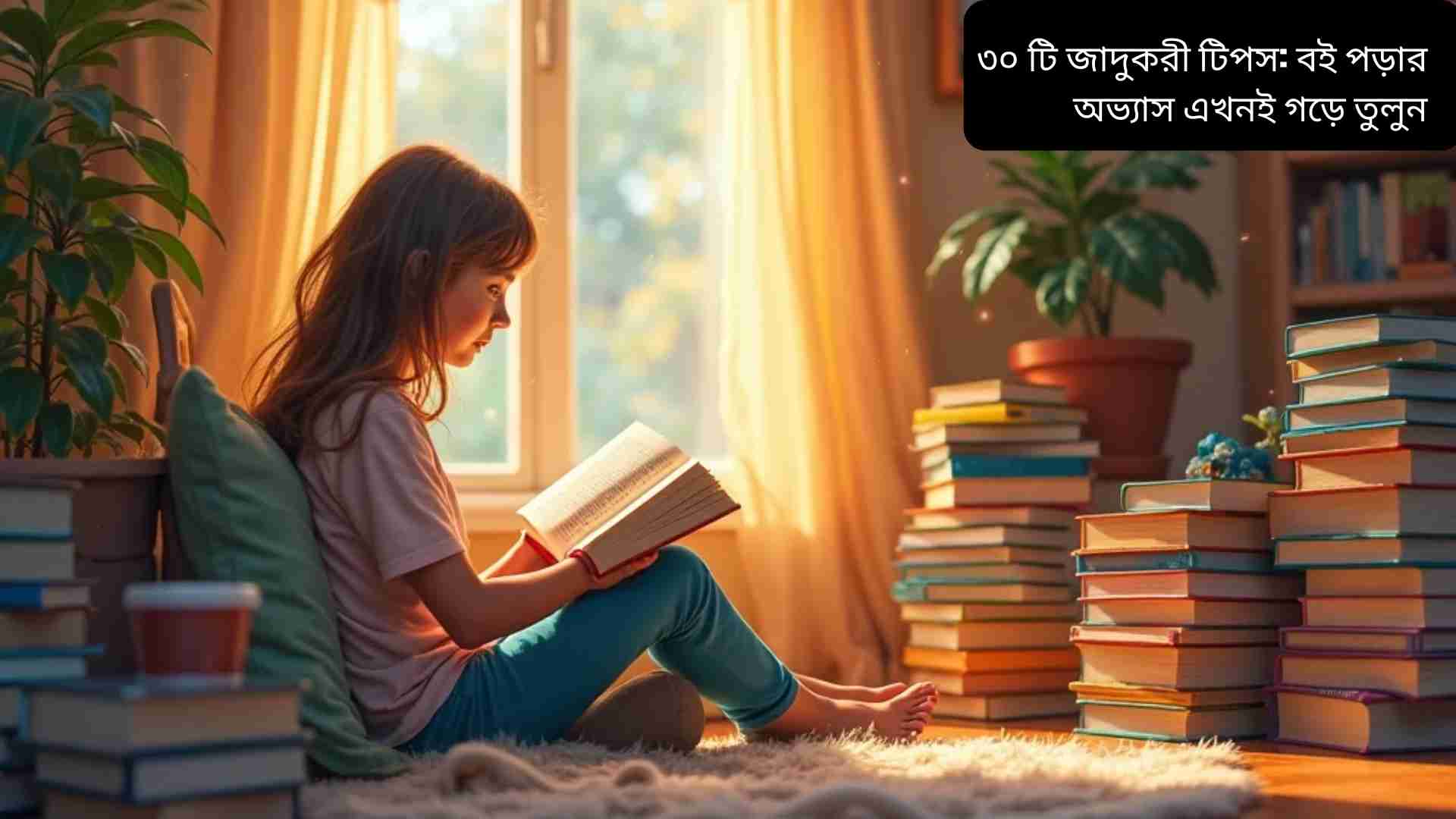 একটি আরামদায়ক পড়ার কর্নারে বই পড়ছে একজন ব্যক্তি, চারপাশে সাজানো রঙিন বই এবং একটি চায়ের কাপ, পড়ার অভ্যাস গড়ে তোলার জন্য অনুপ্রেরণা দেওয়া দৃশ্য