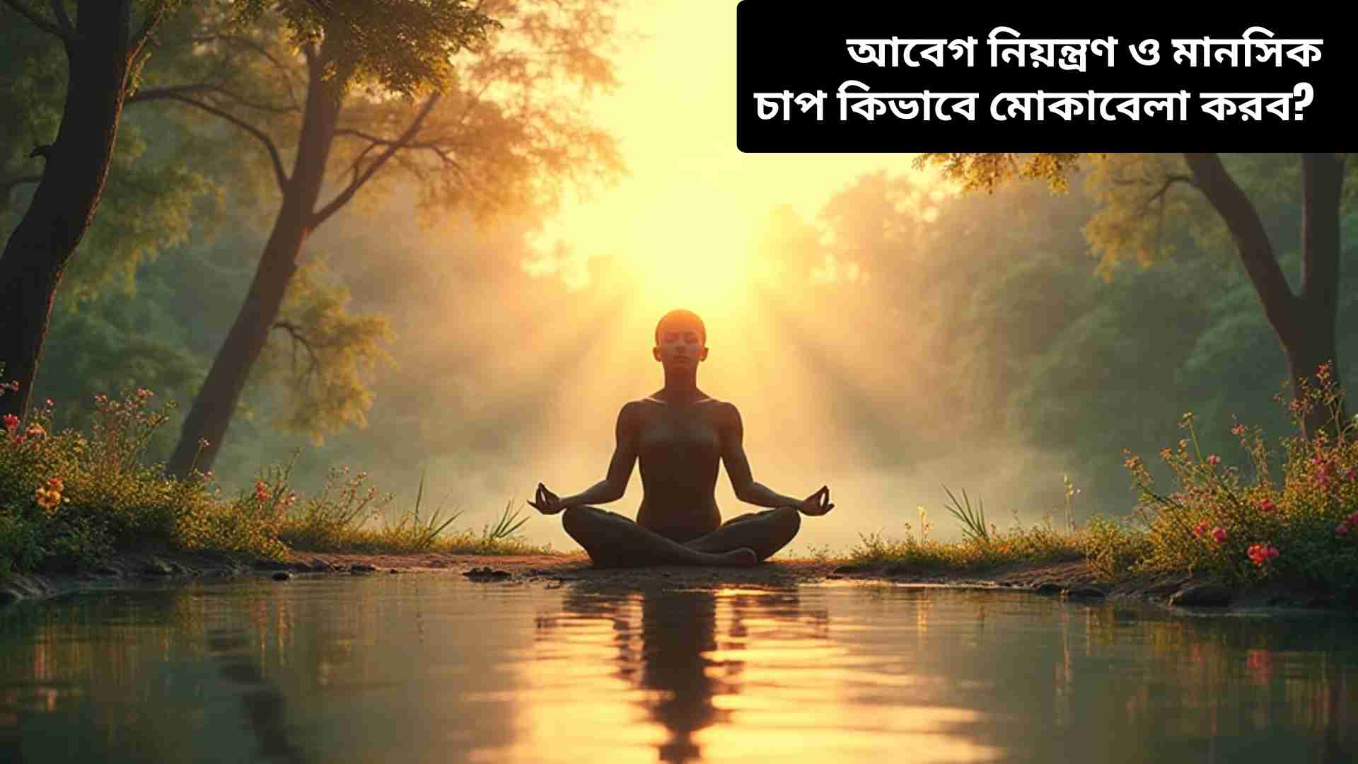 একজন ব্যক্তি প্রকৃতির মাঝে ধ্যান করছে, শান্ত এবং স্বস্তিদায়ক পরিবেশে মানসিক চাপ কমাচ্ছে এবং আবেগ নিয়ন্ত্রণ করছে।
