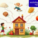 “ভাত, রুটি, পাস্তা, আলু, কলা, আপেল এবং সবজি দিয়ে তৈরি একটি রঙিন চিত্র, যা শরীরের মিনি পাওয়ার স্টেশন হিসেবে কার্বোহাইড্রেটের শক্তি প্রদর্শন করছে। খাবার থেকে শক্তির রেখা শরীরের পা, মস্তিষ্ক ও হাত পর্যন্ত পৌঁছে যাচ্ছে, যা স্বাস্থ্যকর এবং সক্রিয় জীবনধারার গুরুত্ব বোঝাচ্ছে।”