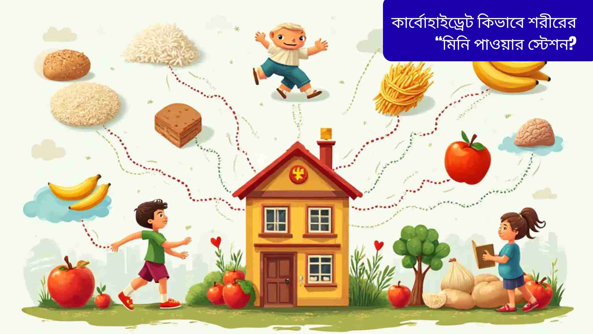 “ভাত, রুটি, পাস্তা, আলু, কলা, আপেল এবং সবজি দিয়ে তৈরি একটি রঙিন চিত্র, যা শরীরের মিনি পাওয়ার স্টেশন হিসেবে কার্বোহাইড্রেটের শক্তি প্রদর্শন করছে। খাবার থেকে শক্তির রেখা শরীরের পা, মস্তিষ্ক ও হাত পর্যন্ত পৌঁছে যাচ্ছে, যা স্বাস্থ্যকর এবং সক্রিয় জীবনধারার গুরুত্ব বোঝাচ্ছে।”