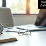 একটি আধুনিক ডেস্কে ল্যাপটপ, নোটবুক এবং টাইমার দেখানো হচ্ছে, যেখানে ২৫ মিনিটের পোমোডারো সেশন চলছে, শান্ত এবং পরিষ্কার পরিবেশ, মনোযোগী ও উৎপাদনশীল ওয়ার্কস্পেস।