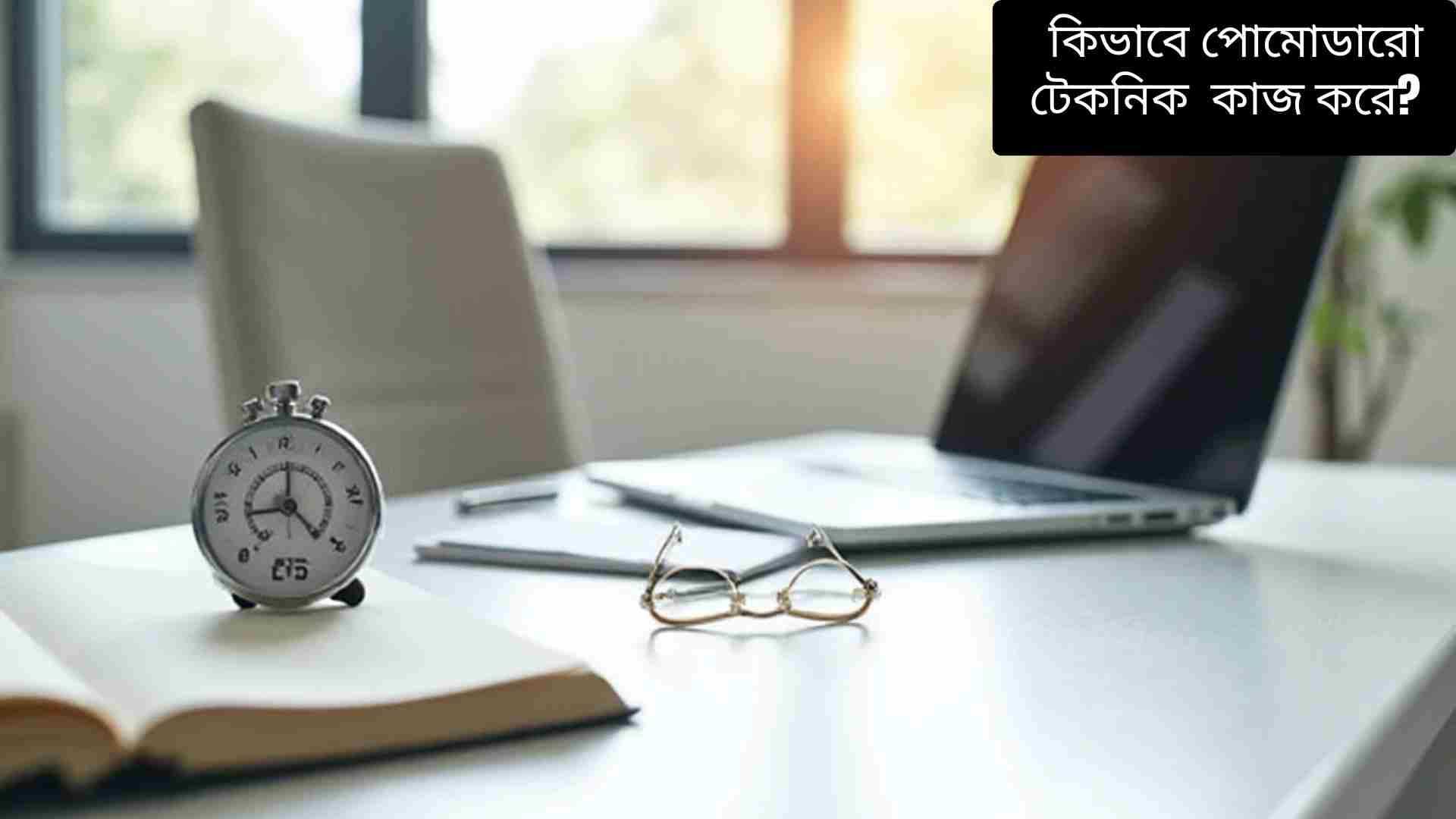 একটি আধুনিক ডেস্কে ল্যাপটপ, নোটবুক এবং টাইমার দেখানো হচ্ছে, যেখানে ২৫ মিনিটের পোমোডারো সেশন চলছে, শান্ত এবং পরিষ্কার পরিবেশ, মনোযোগী ও উৎপাদনশীল ওয়ার্কস্পেস।