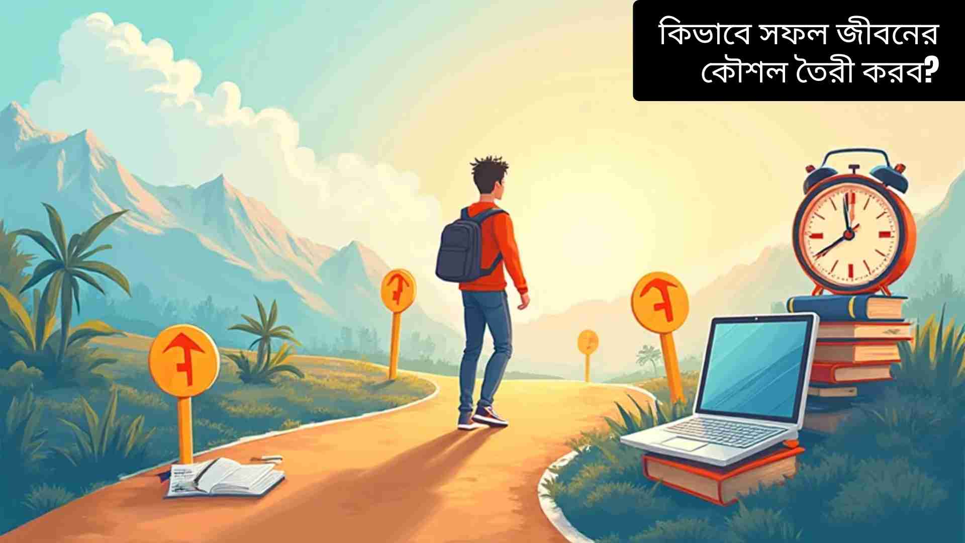 "একজন মানুষ যাত্রায় এগোচ্ছে, পাশে লক্ষ্যচিহ্ন ও ঘড়ি, চারপাশে বই, ল্যাপটপ এবং নোটবুক, ইতিবাচক অভ্যাস ও শেখার প্রতীক, উজ্জ্বল ও অনুপ্রেরণামূলক ব্যাকগ্রাউন্ড, সফল জীবন কৌশল নির্দেশ করছে।"