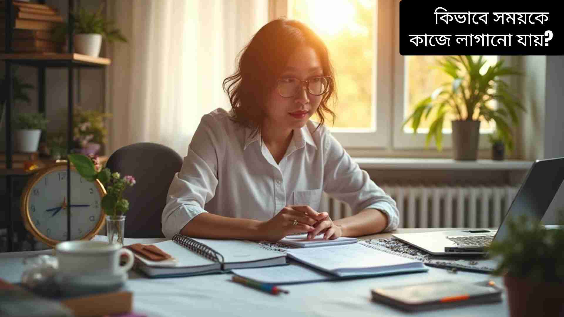 "একজন ব্যক্তি ডেস্কে বসে পরিকল্পনা তৈরি করছেন, ল্যাপটপ, ঘড়ি এবং নোটবুকের পাশে, সময় ব্যবস্থাপনা এবং উৎপাদনশীলতার প্রতীক"
