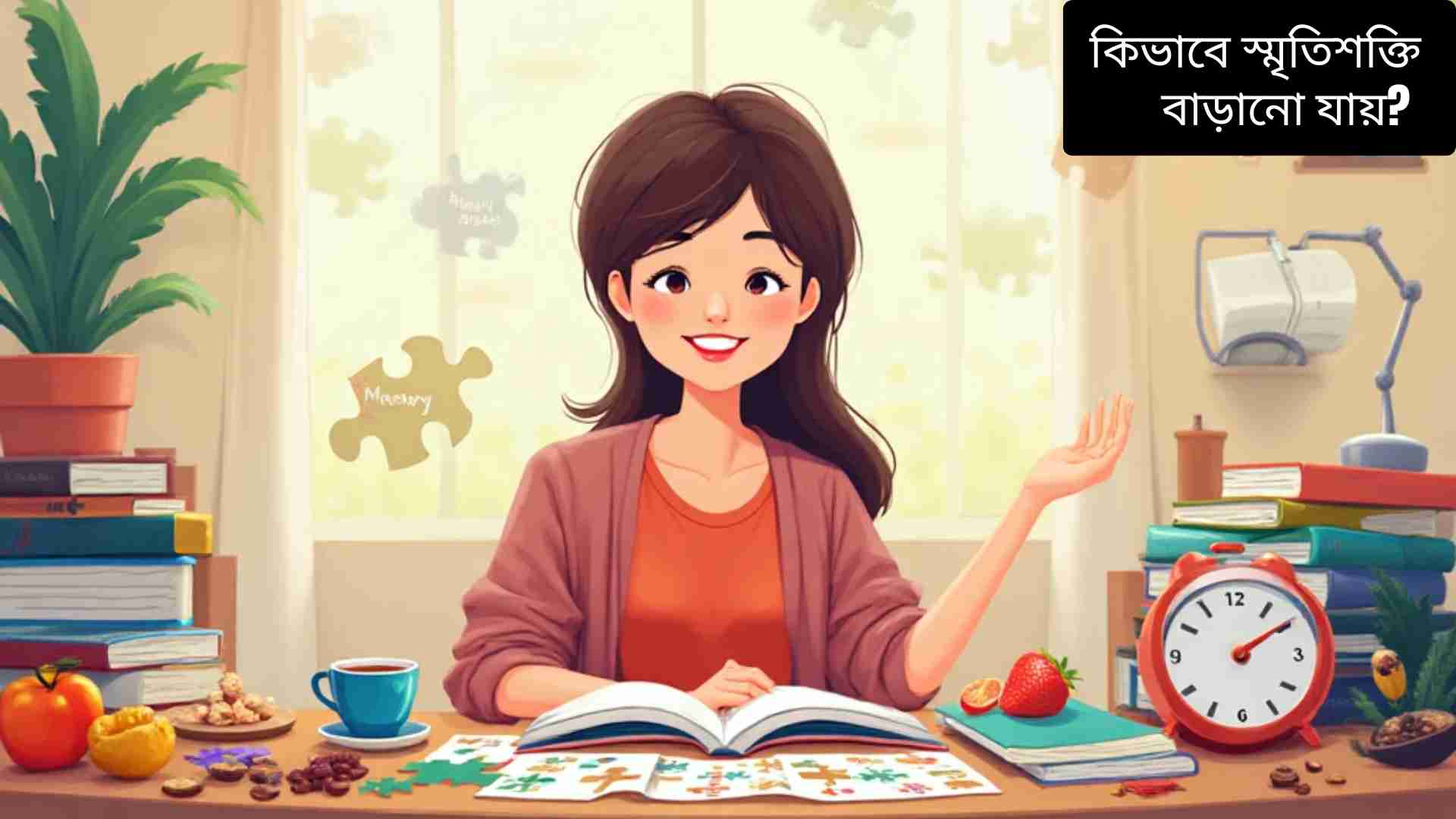 “একটি ব্যক্তির ডেস্কে বসে স্মৃতিশক্তি বাড়ানোর কার্যক্রম করছে, চারপাশে বই, ধাঁধা, বাদাম, ফল এবং একটি ঘড়ি দেখা যাচ্ছে।”