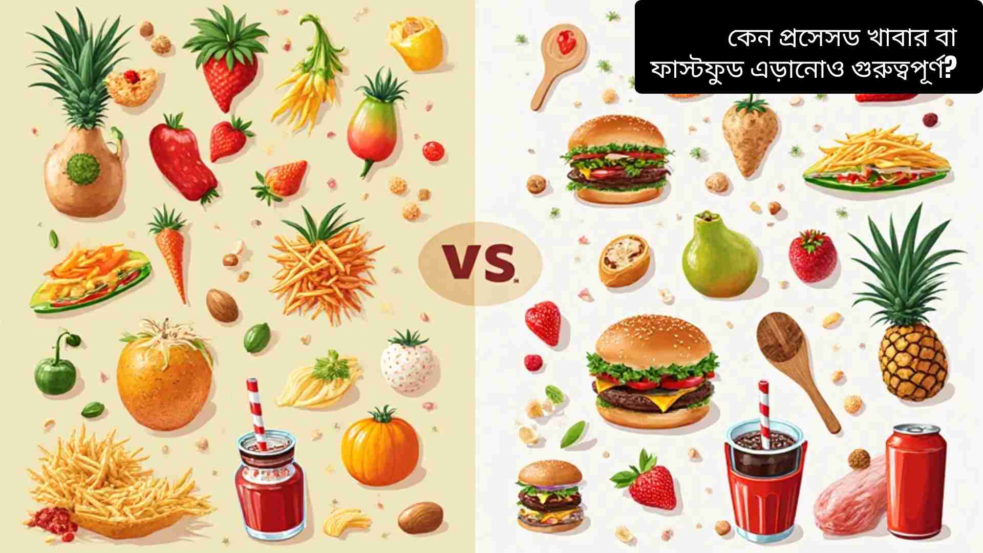 "প্রসেসড খাবার ও ফাস্টফুডের ক্ষতিকর প্রভাব এবং স্বাস্থ্যকর বিকল্প খাবারের গুরুত্ব বোঝাতে তৈরি একটি ইলাস্ট্রেশন।"
