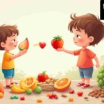 "Child choosing fruits over candies to avoid sugar, promoting healthy lifestyle and nutrition."