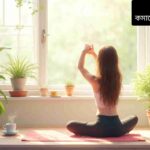 "এক ব্যক্তি জানালার পাশে বসে মানসিক চাপ কমাতে মাইন্ডফুলনেস ও হালকা স্ট্রেচিং করছে, ঘরে গাছপালা ঘেরা শান্ত পরিবেশে।"