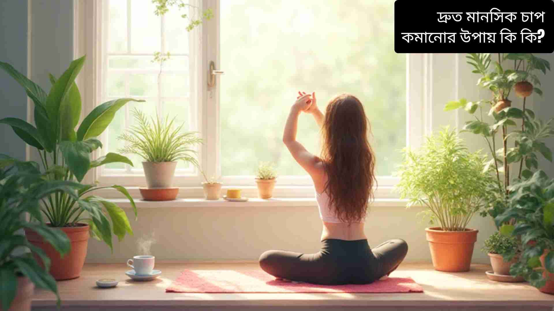 "এক ব্যক্তি জানালার পাশে বসে মানসিক চাপ কমাতে মাইন্ডফুলনেস ও হালকা স্ট্রেচিং করছে, ঘরে গাছপালা ঘেরা শান্ত পরিবেশে।"