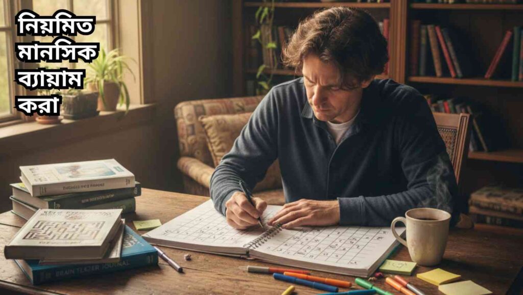 একটি ব্যক্তির বাস্তব ফটোগ্রাফ, যিনি কাঠের ডেস্কে বসে ক্রসওয়ার্ড পাজল বা মস্তিষ্কের খেলায় মনোযোগ দিচ্ছেন, ডেস্কে পাজল বই, কফির কাপ এবং রঙিন স্টেশনারি ছড়ানো আছে। প্রাকৃতিক আলো জানালা দিয়ে আসছে।