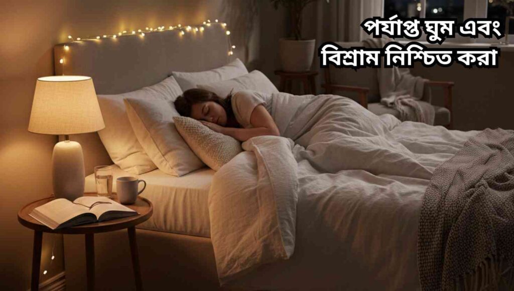 “একটি শান্ত শয়নকক্ষ যেখানে একজন ব্যক্তি আরামদায়কভাবে ঘুমাচ্ছে, হালকা বাতি জ্বলছে এবং ঘরটি শান্ত ও স্নিগ্ধ।”