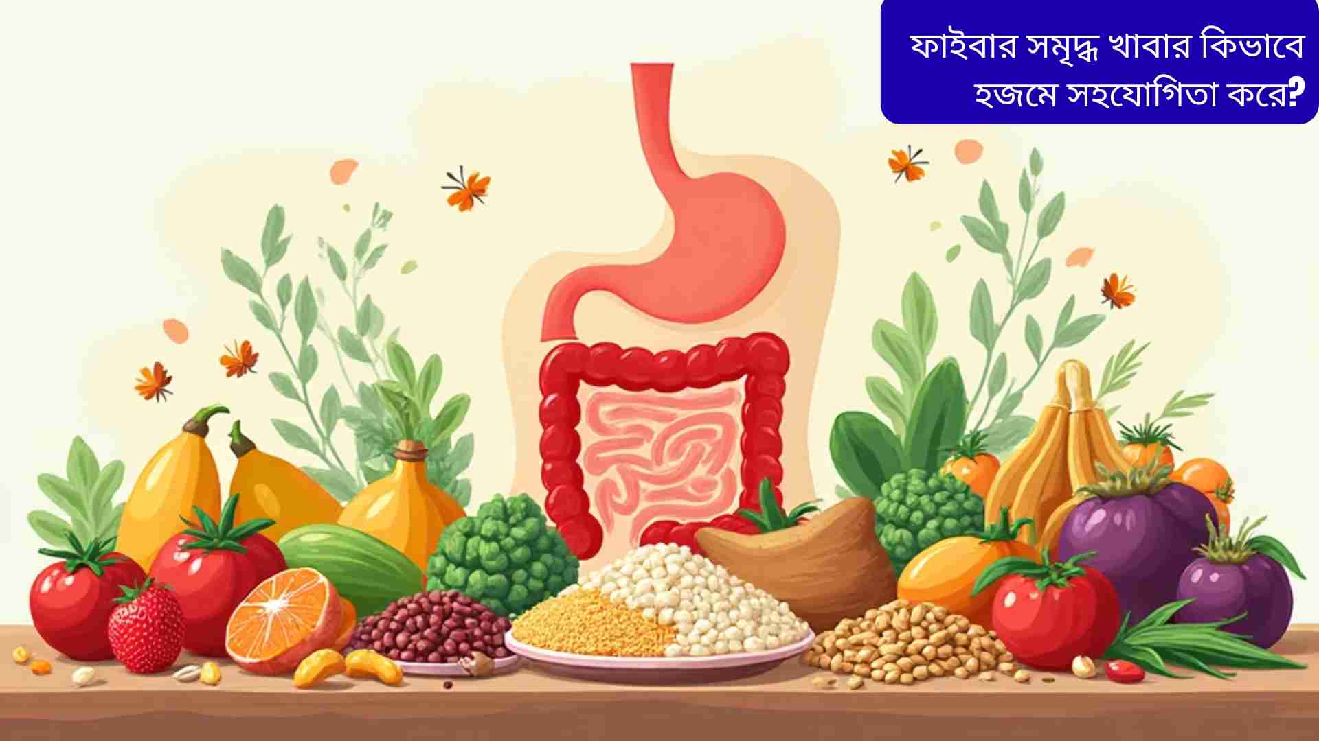 “ফল, সবজি, শস্য, বাদাম ও ডালের সমৃদ্ধ একটি রঙিন নান্দনিক খাবারের ছবি, পেছনে একটি হাস্যোজ্জ্বল হজম ব্যবস্থা চিহ্ন, যা স্বাস্থ্যকর হজমকে উপস্থাপন করছে।”