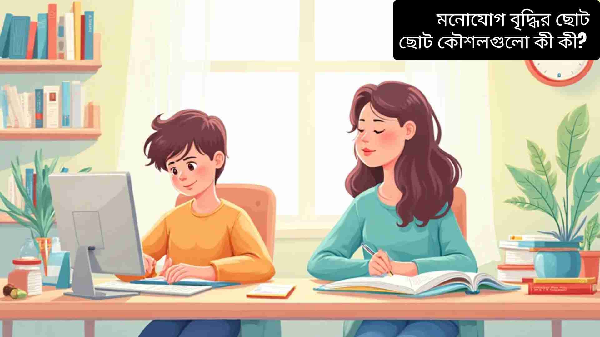 “শিশু এবং প্রাপ্তবয়স্ক একটি পরিষ্কার ডেস্কে মনোযোগ ধরে পড়াশোনা ও কাজ করছে, চারপাশ শান্ত এবং আলোযুক্ত, মনোযোগ বাড়ানোর কৌশল অনুশীলন করছে।”