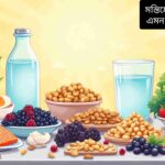 "মস্তিষ্কের শক্তি বাড়াতে সহায়ক স্বাস্থ্যকর খাবার যেমন স্যামন মাছ, বাদাম, বেরি, শাকসবজি, ডিম এবং পানি টেবিলের উপর সাজানো।"
