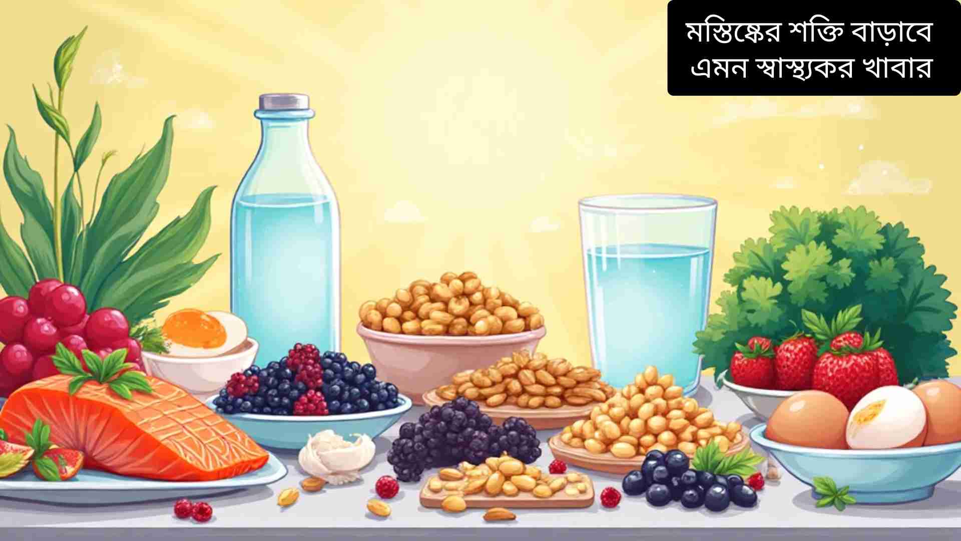 "মস্তিষ্কের শক্তি বাড়াতে সহায়ক স্বাস্থ্যকর খাবার যেমন স্যামন মাছ, বাদাম, বেরি, শাকসবজি, ডিম এবং পানি টেবিলের উপর সাজানো।"