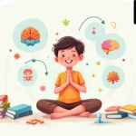 "একটি শিশু মানসিক ব্যায়াম করছে, পাজল, বই এবং ধ্যানভিত্তিক শ্বাস-প্রশ্বাসের মাধ্যমে মস্তিষ্ক সচল ও সৃজনশীলতা বৃদ্ধি করছে।"