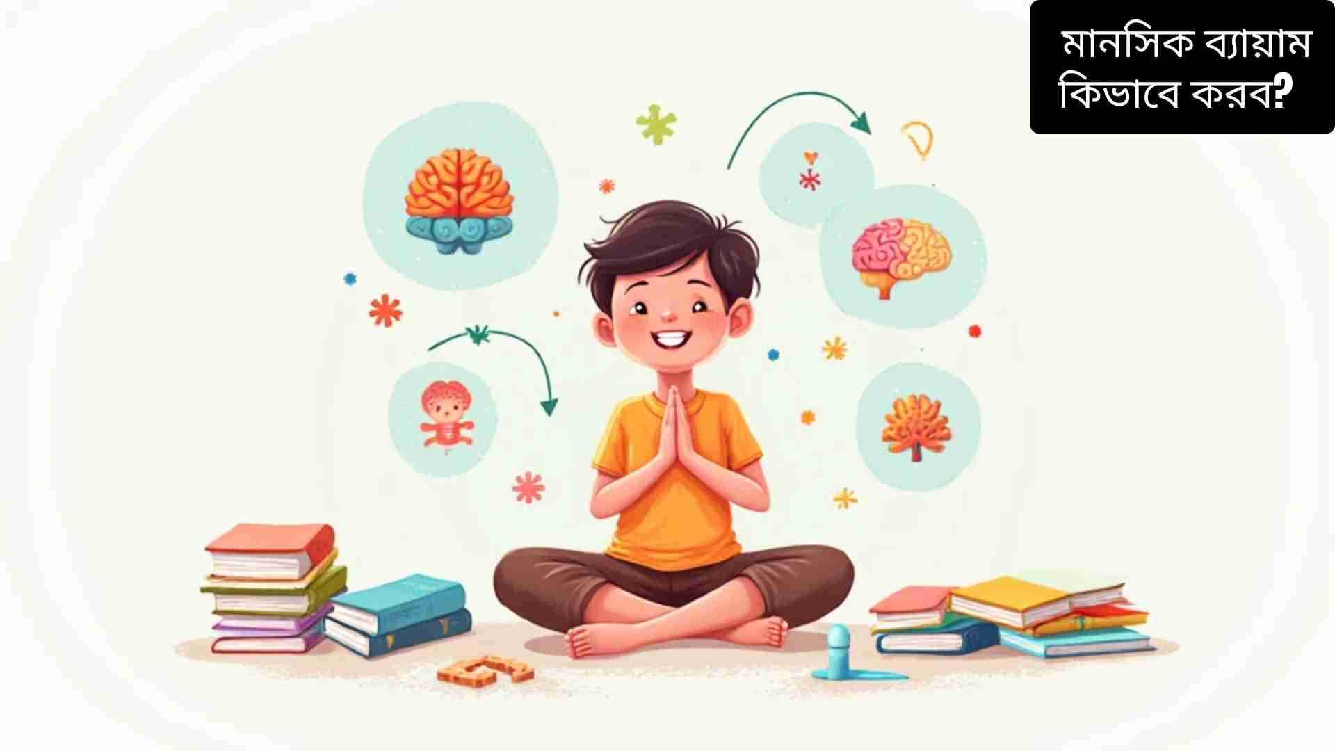 "একটি শিশু মানসিক ব্যায়াম করছে, পাজল, বই এবং ধ্যানভিত্তিক শ্বাস-প্রশ্বাসের মাধ্যমে মস্তিষ্ক সচল ও সৃজনশীলতা বৃদ্ধি করছে।"