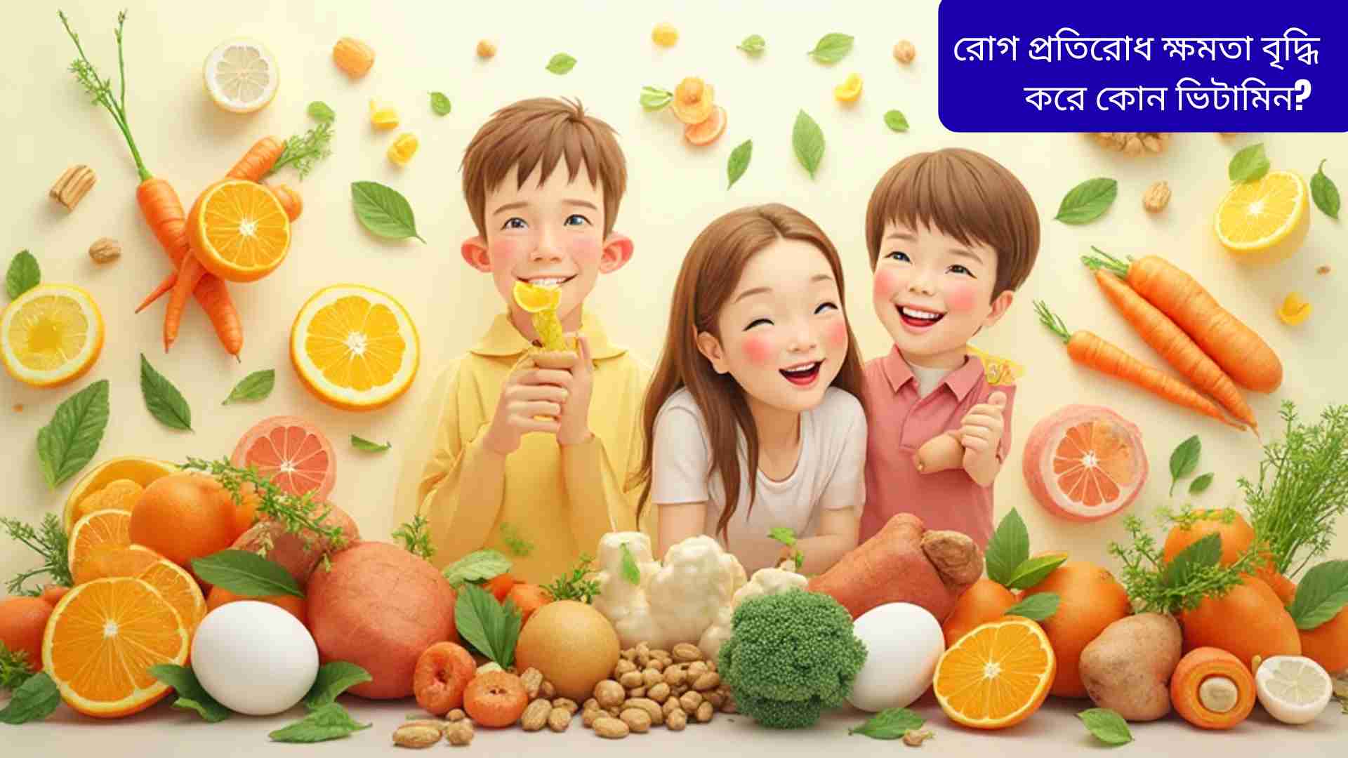 "ভিটামিন সি, ডি, এ, ই এবং বি কমপ্লেক্সযুক্ত বিভিন্ন স্বাস্থ্যকর খাবার যেমন কমলা, লেবু, গাজর, মিষ্টি আলু, সবুজ শাক-সবজি, বাদাম, ডিম, শিশু বা পরিবার হাসি নিয়ে খাচ্ছে, রোগ প্রতিরোধ ক্ষমতা বৃদ্ধি করছে।"