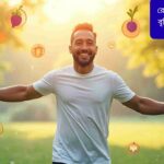 “একজন সুস্থ মানুষ পার্কে ব্যায়াম করছে, হাসছে, পাশে সবজি ও ফলের আইকন, রোগ প্রতিরোধ ক্ষমতা ও ইমিউন সিস্টেম শক্তিশালী করার থিম”